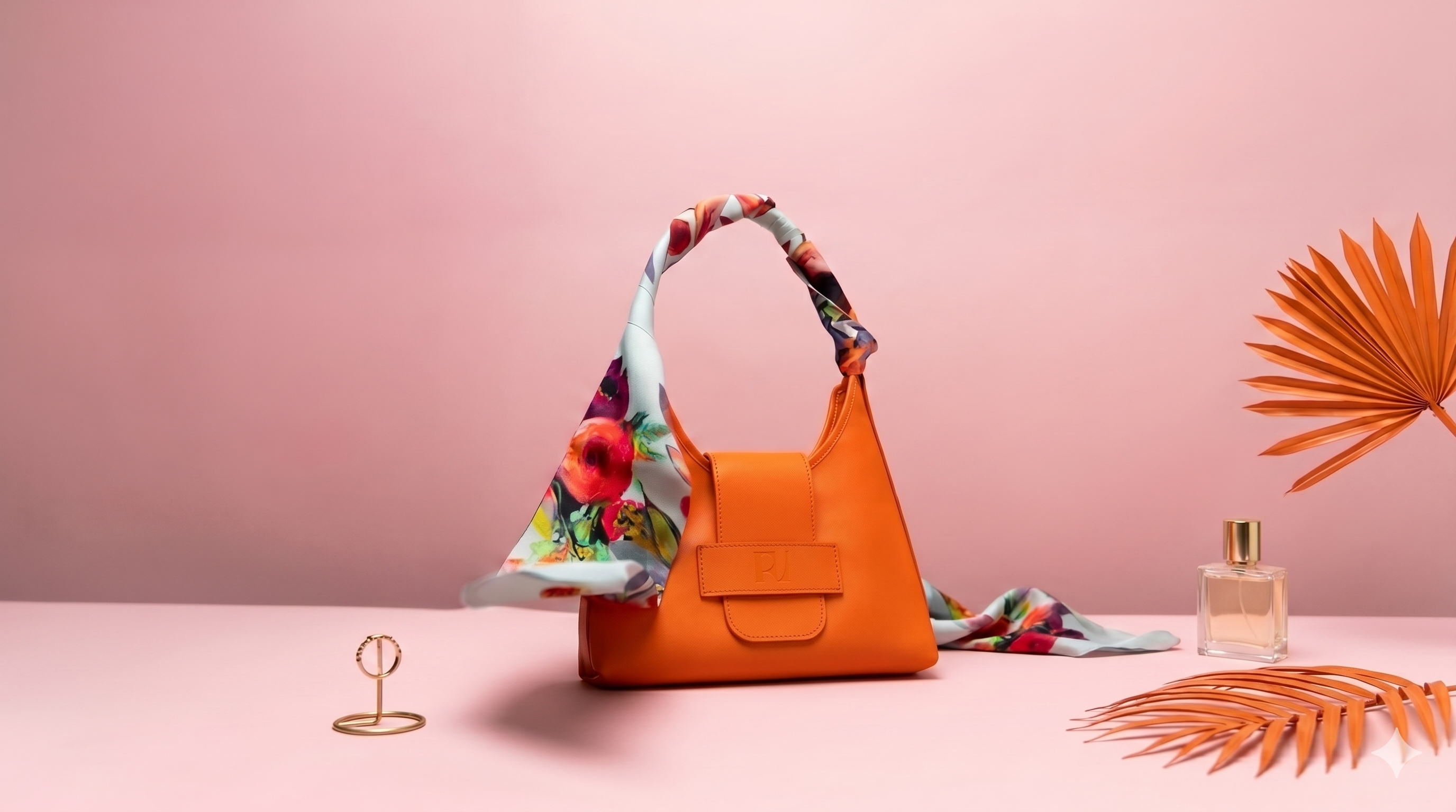 sac fada orange avec foulard autour de l'anse sur fond rose
