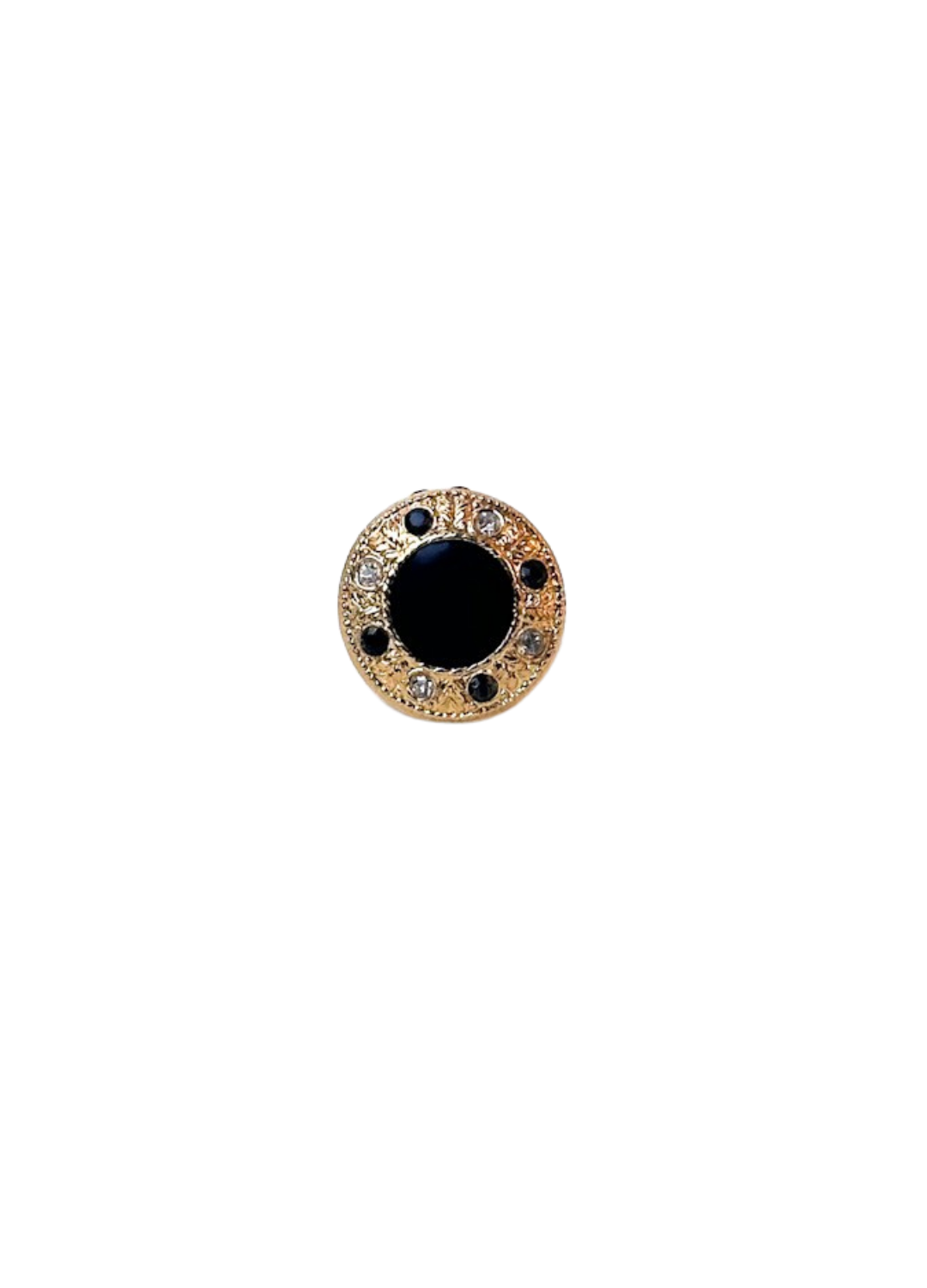 Bouton vintage doré et noir monté en bague de face srur fond blanc
