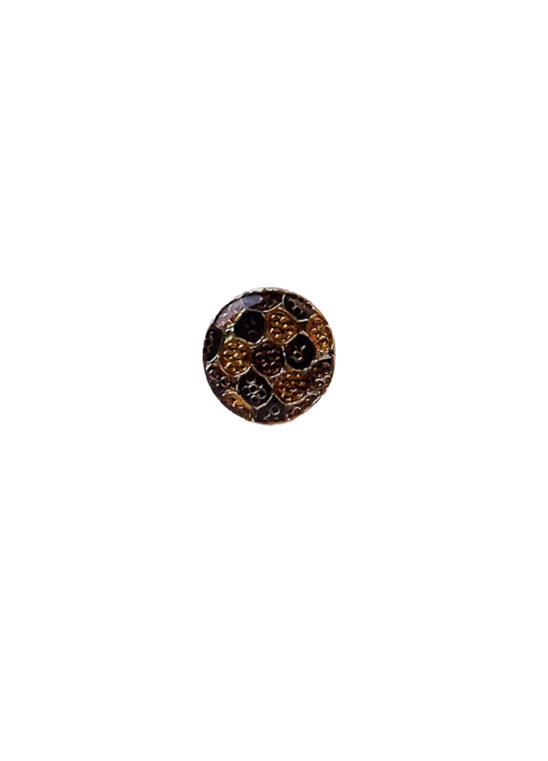 Bouton vintage mosaique doré et marron monté en bague de face sur fond blanc