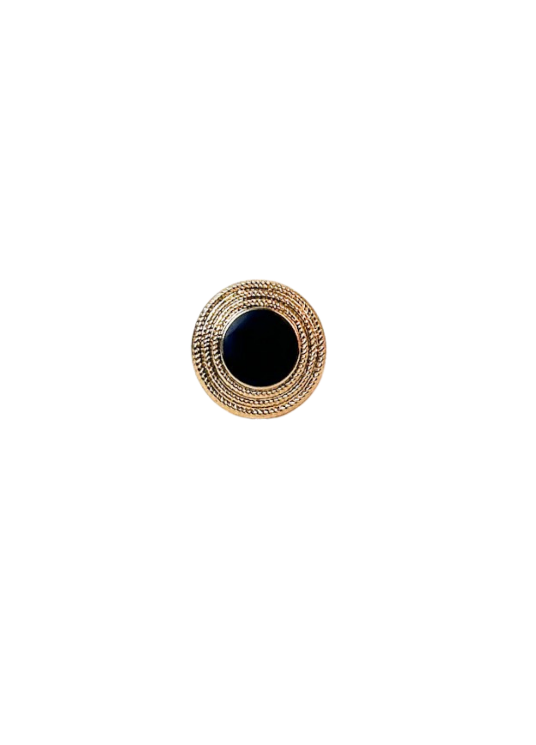 Bouton vintage noir contour doré monté en bague vue de face sur fond blanc