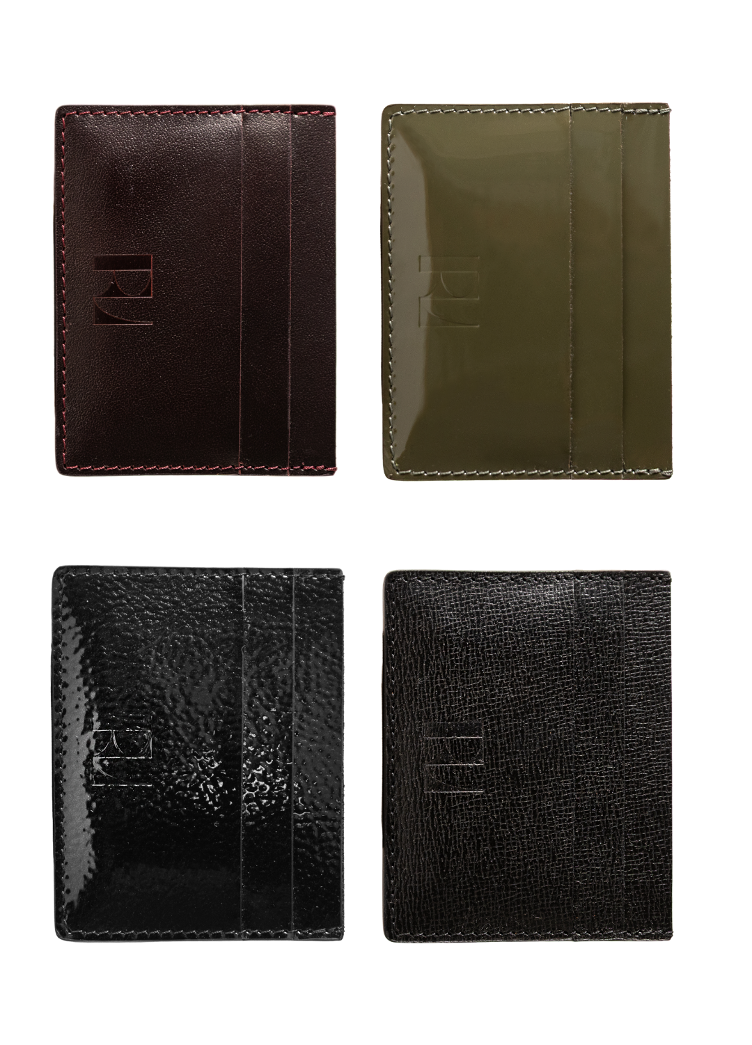 4 portes cartes de face sur fond blanc = marron, kaki vernis, noir vernis, noir texturé