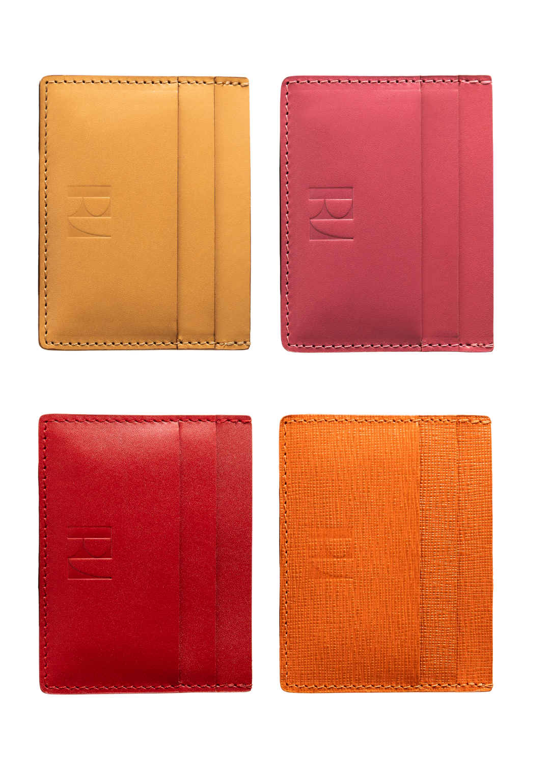 4 porte cartes pitchoun de face sur fond blanc = beige, rose, rouge, orange